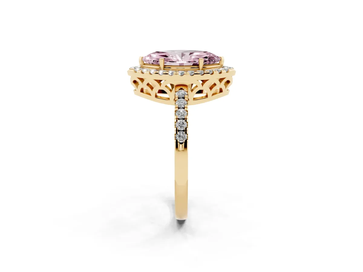 Fancy Pink Marquise Cut Halo Diamond Engagement Ring with Pavé Band and Four-Prong Setting Yellow gold