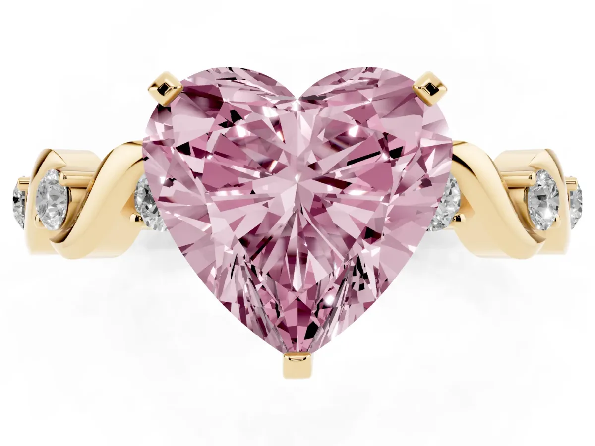Fancy Pink Heart Cut Diamond Solitaire Twisted Band with Round Accents and Prong Setting Yellow gold