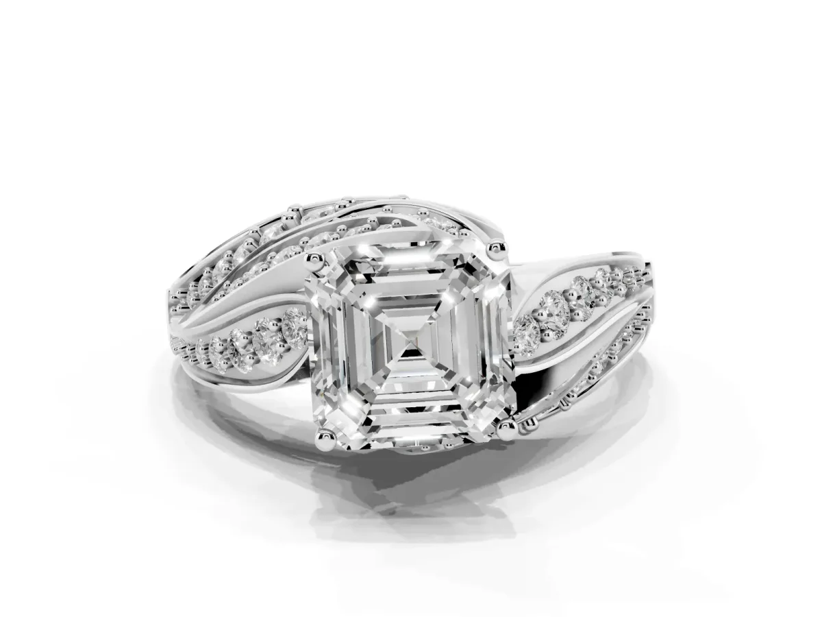 Asscher Cut Diamond Solitaire Ring with Prong Setting and Twisted Pavé Band Silver