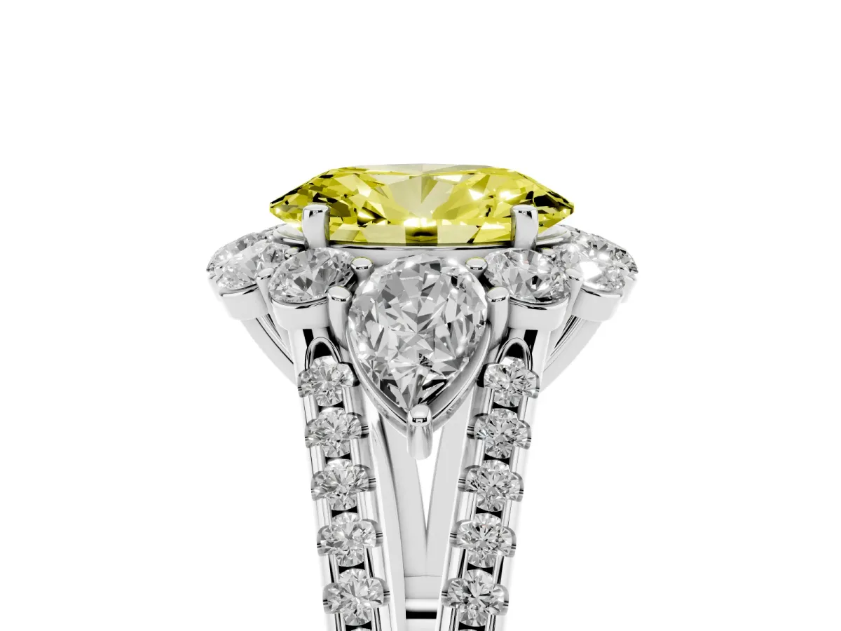 Fancy Yellow Oval Cut Halo Split Shank Diamond Engagement Ring with Prong Setting Silver