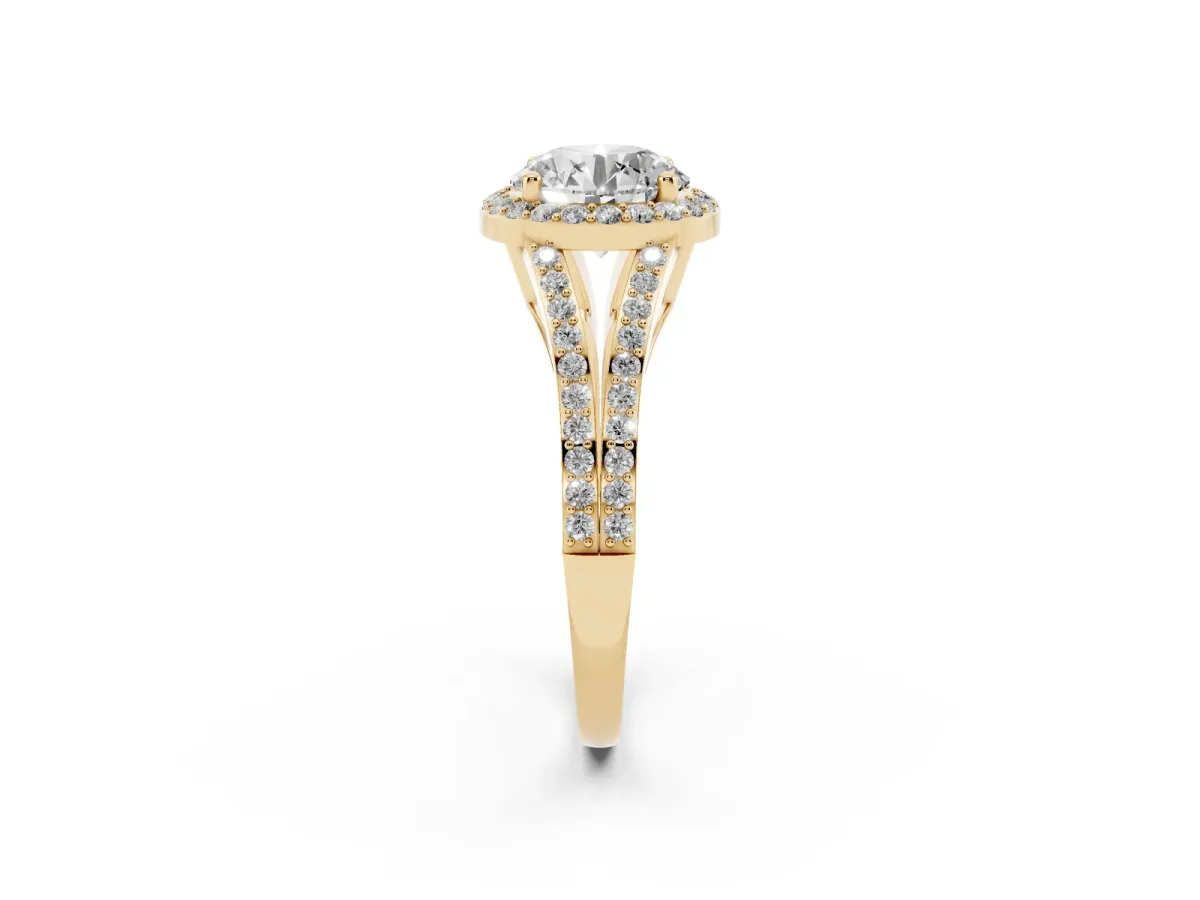 Round Cut Halo Split Shank Diamond Ring with Prong Setting Yellow gold