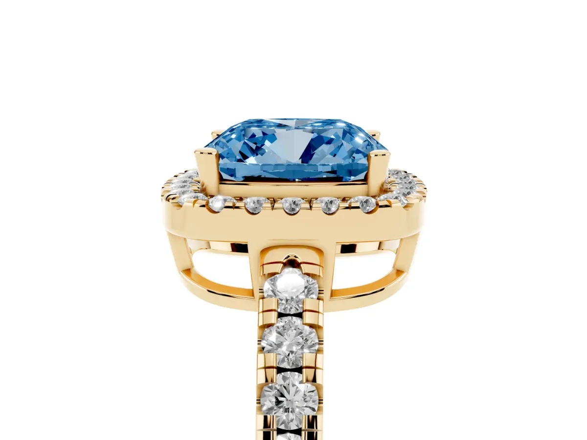 Fancy Blue Cushion Cut Diamond Halo Ring with Pavé Band and Four-Prong Setting Yellow gold