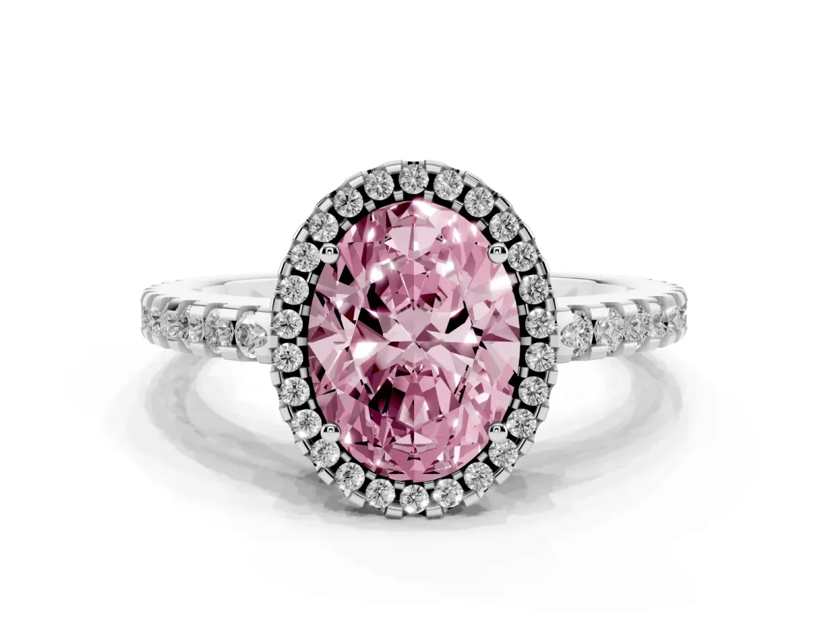 Fancy Pink Oval Cut Diamond Halo Engagement Ring with Pavé Band and Prong Setting Platinum