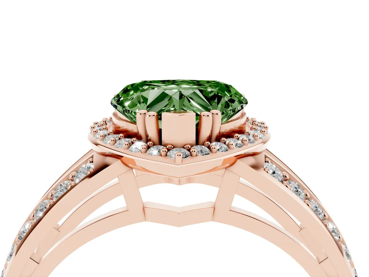 Fancy Green Heart Cut Diamond Halo Ring with Split Shank Pavé Band and Four-Prong Setting Rose gold