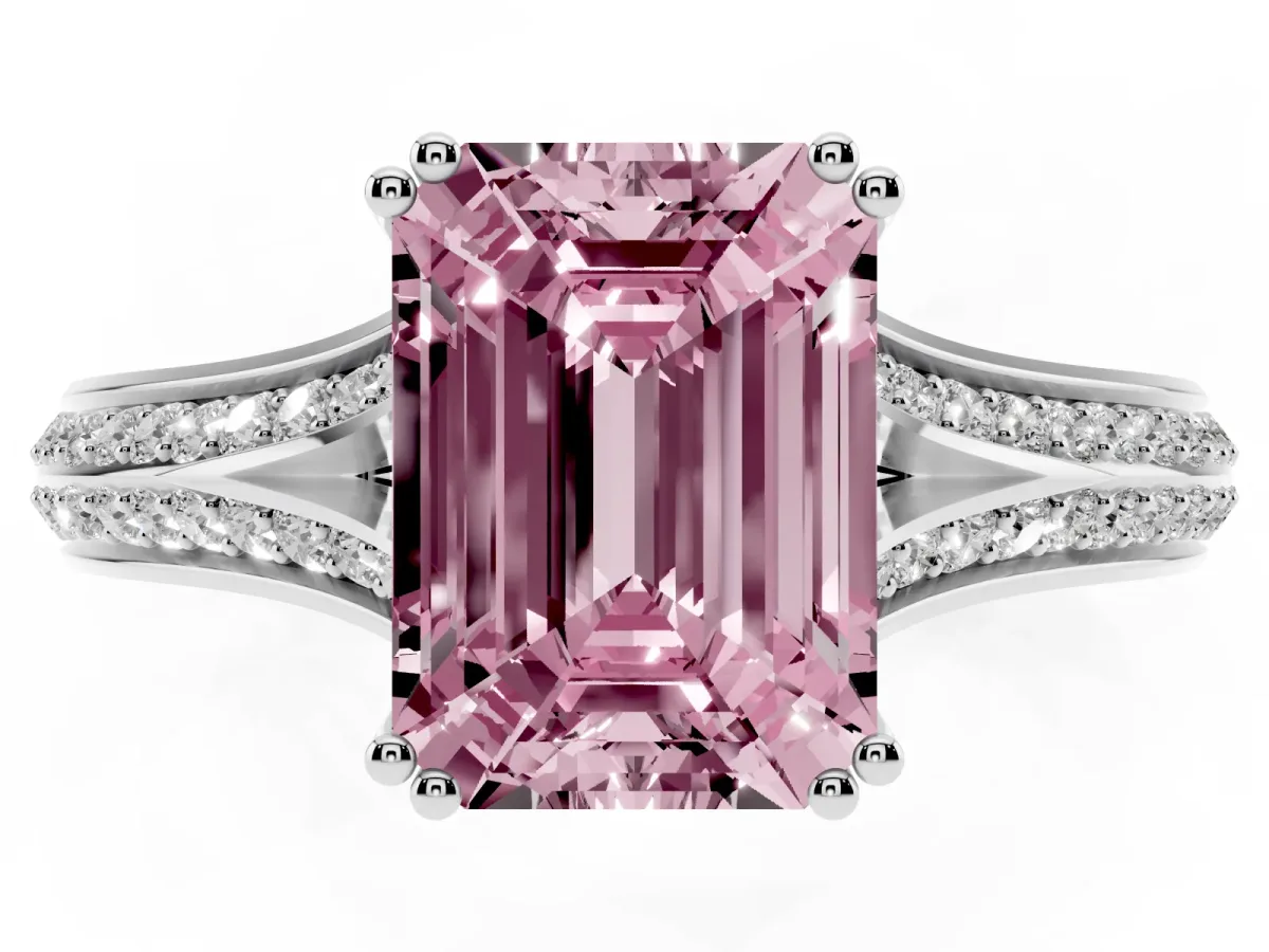 Fancy Pink Emerald Cut Diamond Split Shank Engagement Ring with Pavé Band Platinum