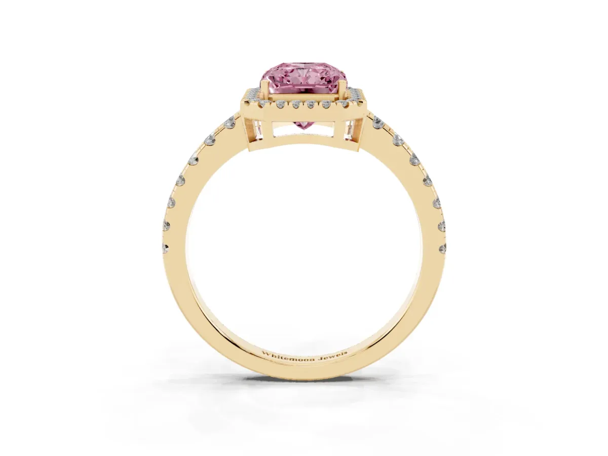 Fancy Pink Radiant Cut Diamond Halo Ring with Pavé Band and Four-Prong Setting Yellow gold