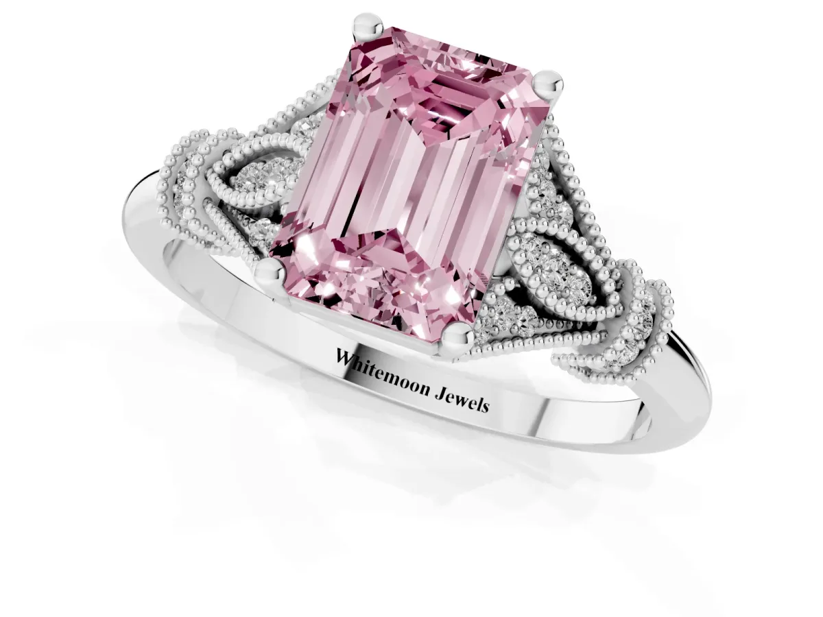 Fancy Pink Emerald Cut Diamond Solitaire Ring with Floral Filigree and Pave Accents White gold