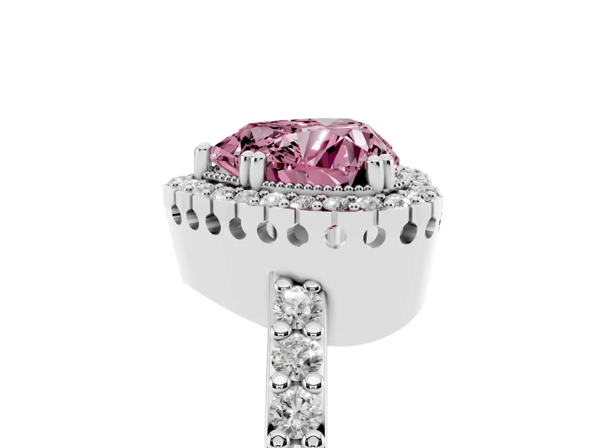 Fancy Pink Heart Cut Cut Diamond Halo Engagement Ring with Milgrain Detail and Pavé Band Silver