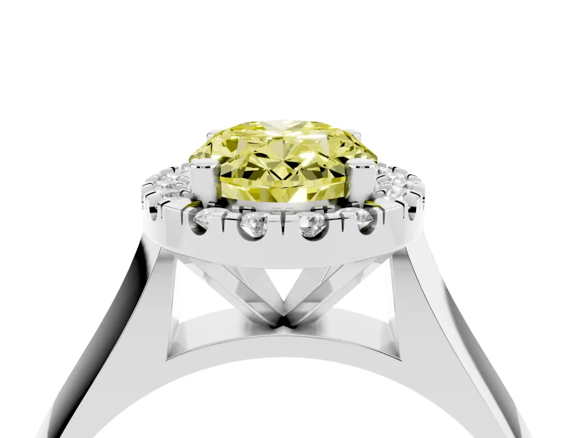 Fancy Yellow Oval Cut Cut Halo Solitaire Engagement Ring with Square Band and Four-Prong Setting Silver