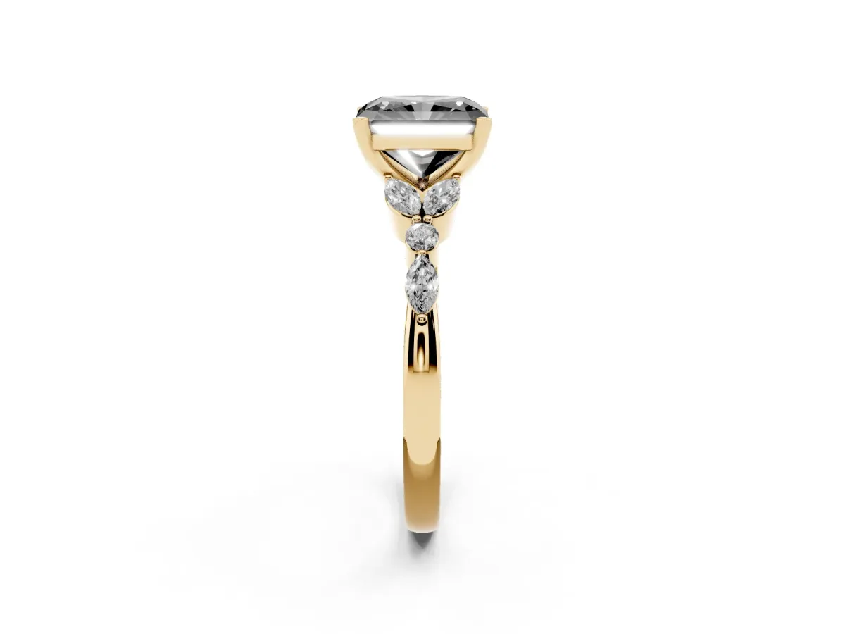 Fancy Black Radiant Cut Diamond Solitaire Ring with Side Stones and Four-Prong Setting Yellow gold