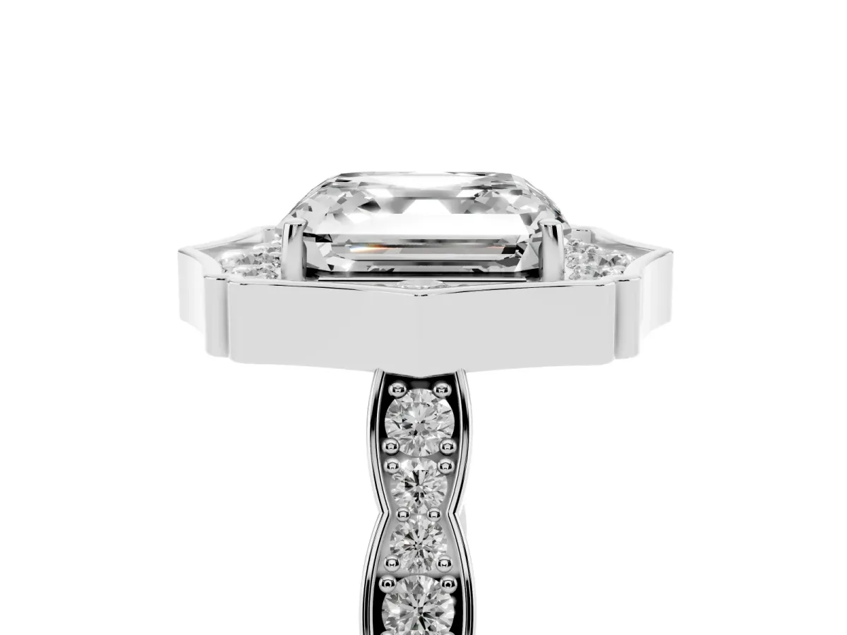 Asscher Cut Halo Diamond Engagement Ring with Milgrain Band and Four-Prong Setting White gold