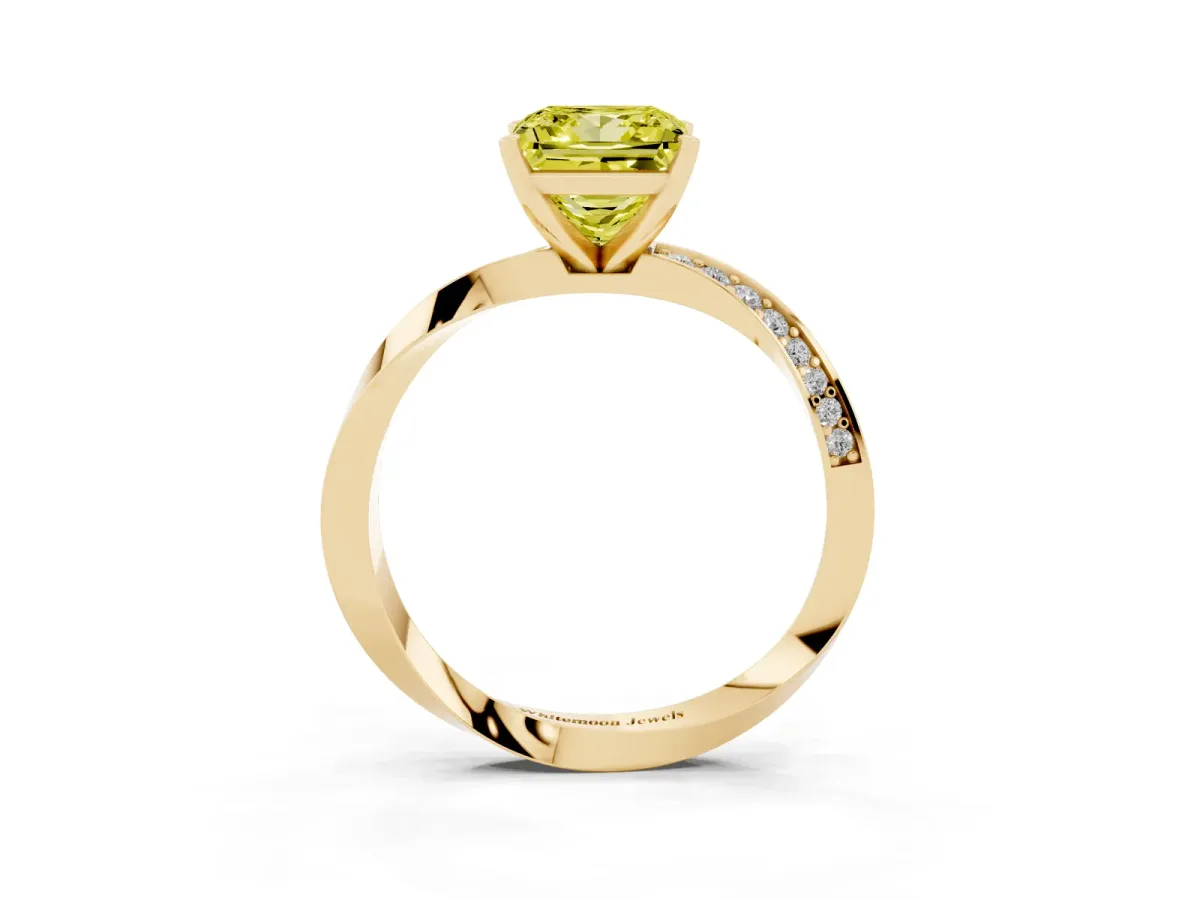 Fancy Yellow Princess Cut Diamond Engagement Ring with Side Stone Accents and Four-Prong Setting Yellow gold