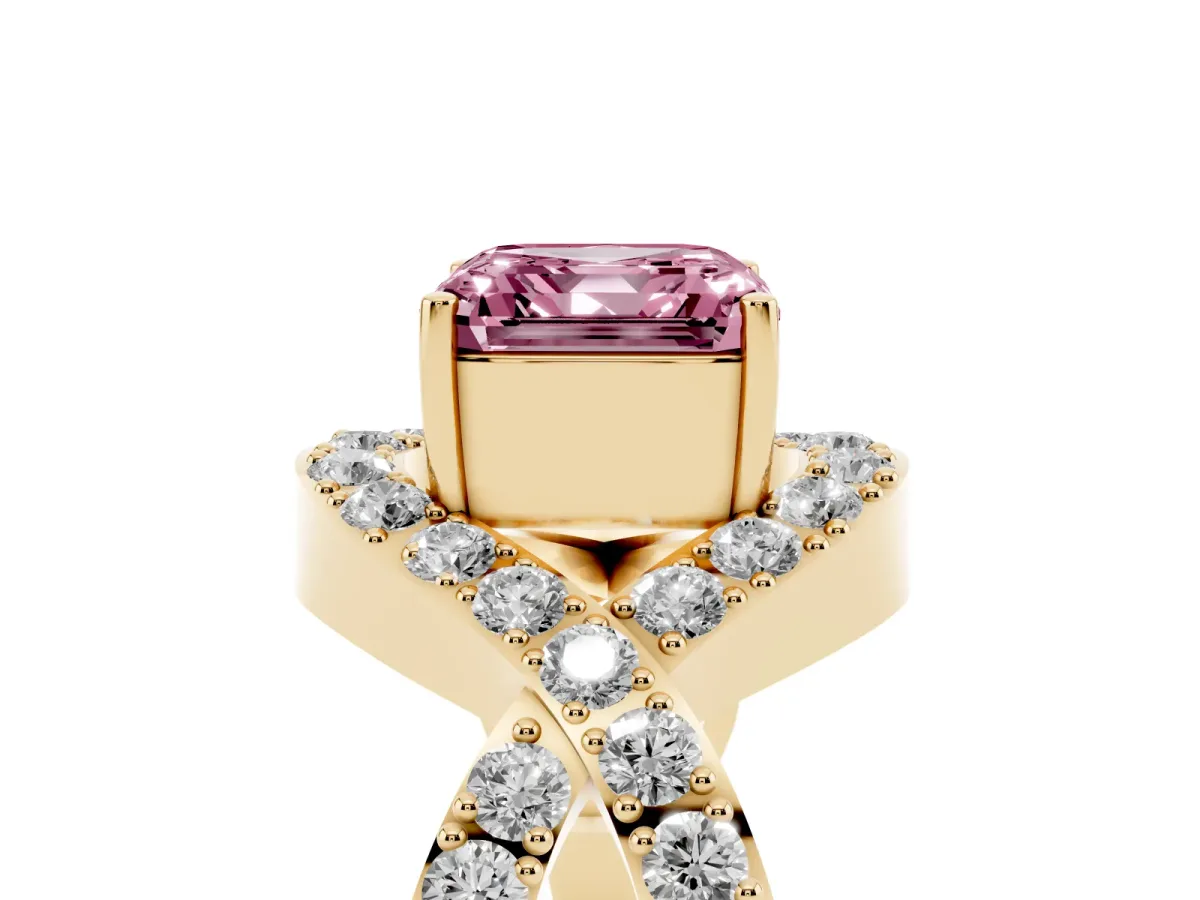 Fancy Pink Asscher Cut Solitaire Twist Band Pavé Diamond Engagement Ring Yellow gold