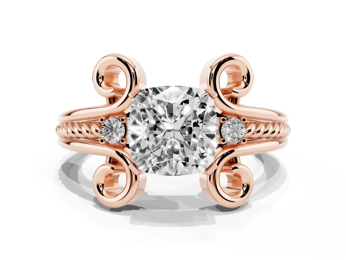 Cushion Cut Solitaire Twisted Band Scroll Prong Ring Rose gold