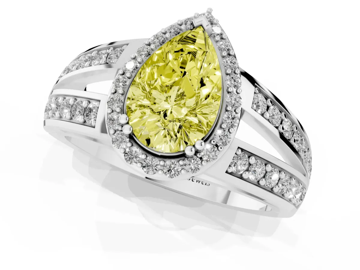 Fancy Yellow Pear Cut Diamond Halo Ring with Split Shank Pavé Band and Four-Prong Setting Platinum
