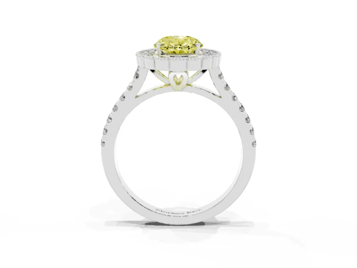 Fancy Yellow Oval Cut Cut Diamond Milgrain Floral Halo Engagement Ring with Pavé Band White gold