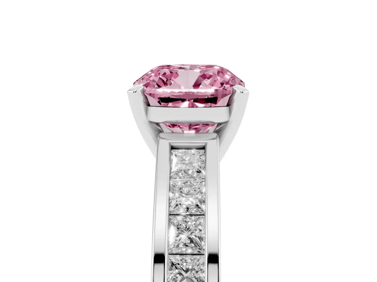 Fancy Pink Cushion Cut Solitaire Diamond Ring with Channel-Set Band and Four-Prong Setting Silver