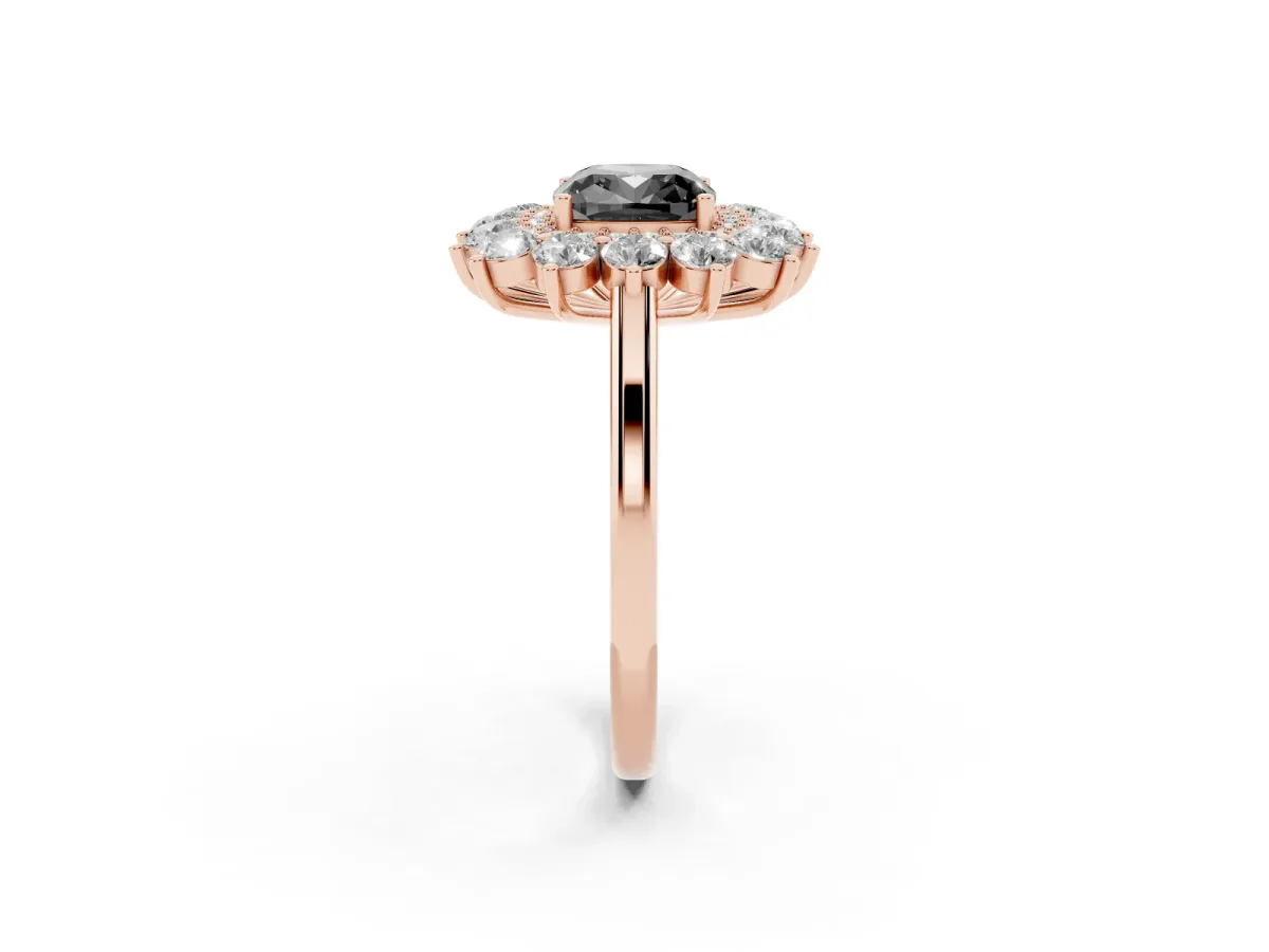 Fancy Black Cushion Cut Diamond Floral Double Halo Engagement Ring with Prong Setting Rose gold