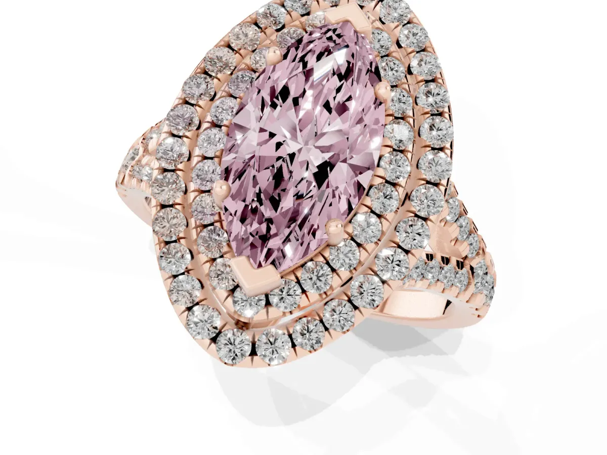 Fancy Pink Double Halo Marquise Cut Diamond Pavé Split Shank Ring with Prong Setting Rose gold