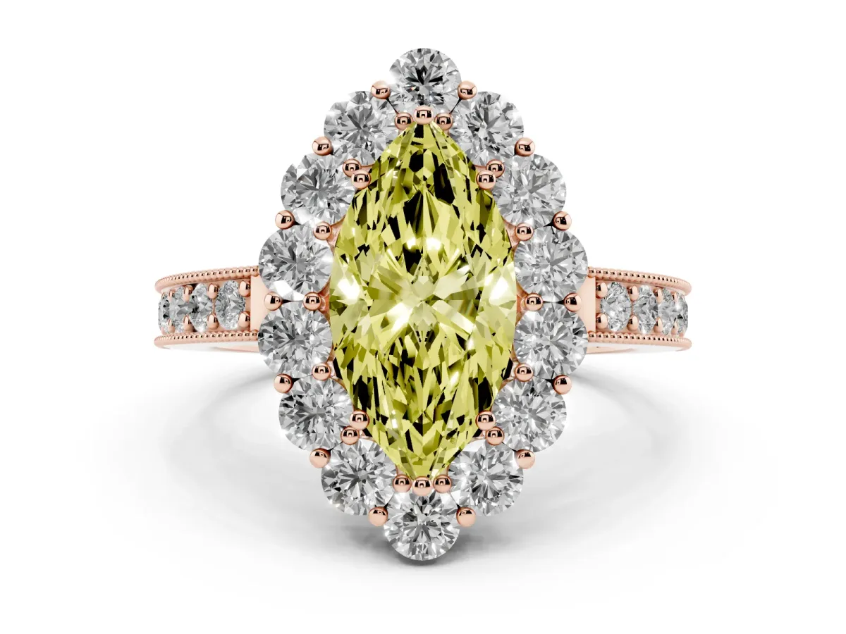 Fancy Yellow Marquise Cut Cut Halo Diamond Pavé Engagement Ring with Milgrain Detailing Rose gold
