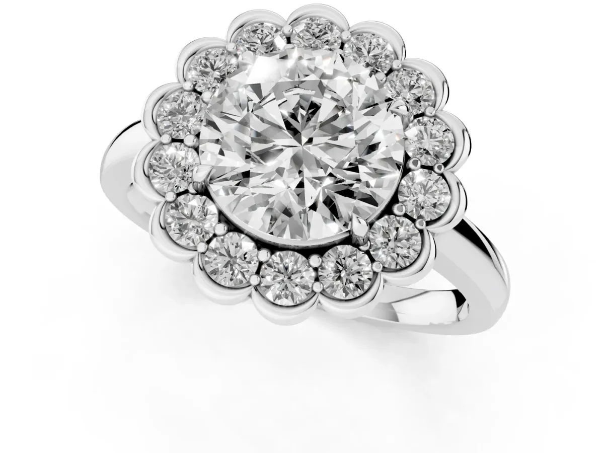 Round Cut Halo Cluster Diamond Engagement Ring with Solitaire Band and Prong Setting Silver