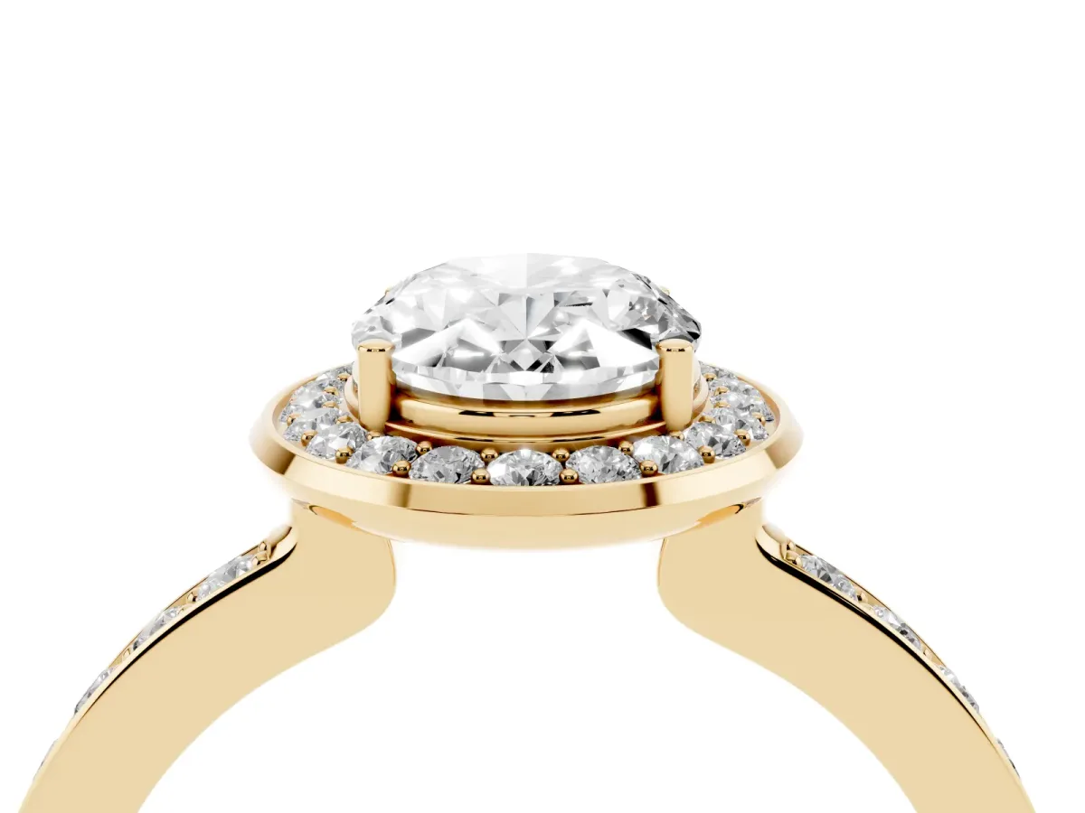 Oval Cut Diamond Halo Ring with Bezel Frame and Pavé Band Yellow gold