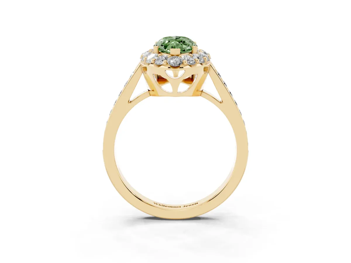Fancy Green Marquise Cut Diamond Floral Halo Ring with Pavé Band and Prong Setting Yellow gold