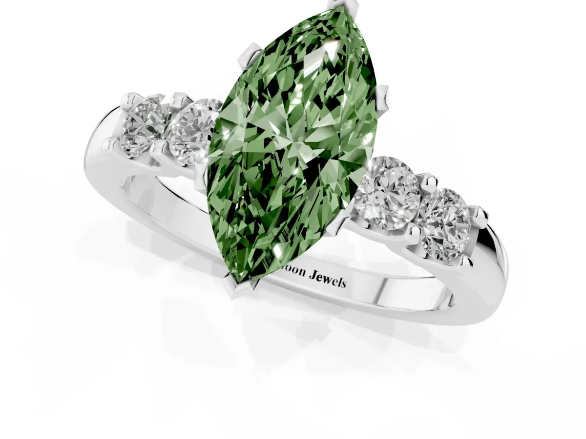 Fancy Green Marquise Cut Brilliant Cut Diamond Five-Stone Prong Set Engagement Ring with Channel Band White gold