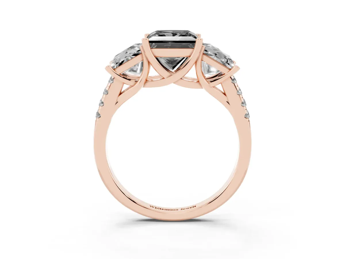 Fancy Black Three-Stone Princess Cut Diamond Ring with Round Pavé Band and Prong Setting Rose gold