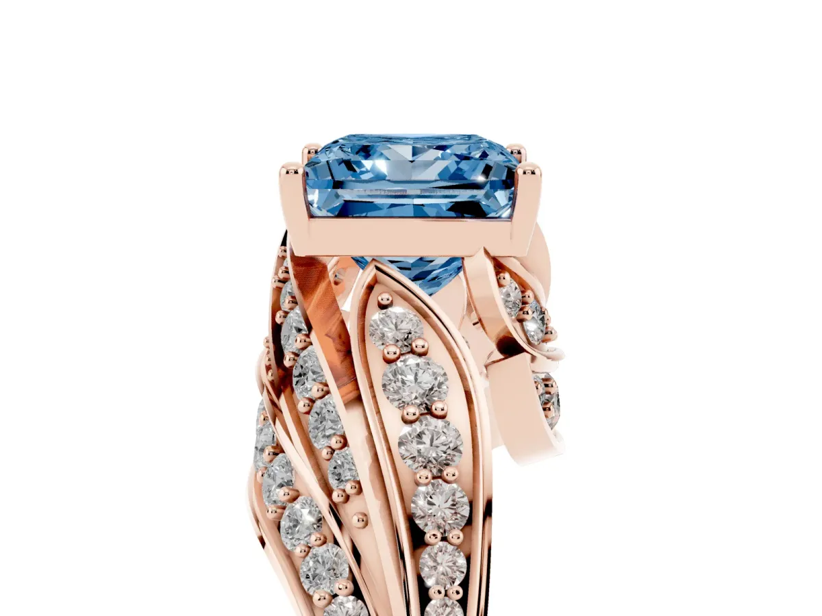 Fancy Blue Princess Cut Diamond Solitaire Ring with Prong Setting and Twisted Pavé Band Rose gold