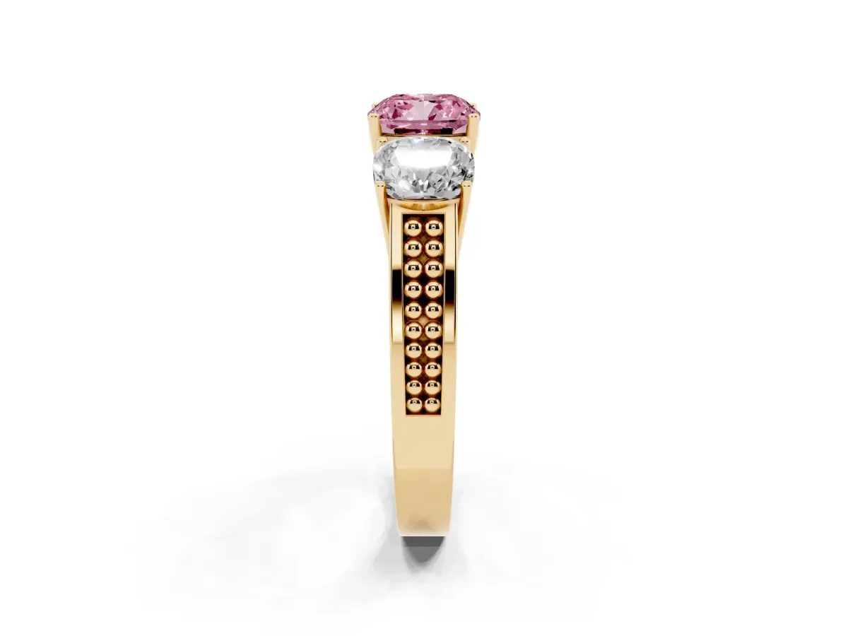 Fancy Pink Cushion Cut Diamond Three-Stone Ring with Prong Setting and Textured Band Yellow gold