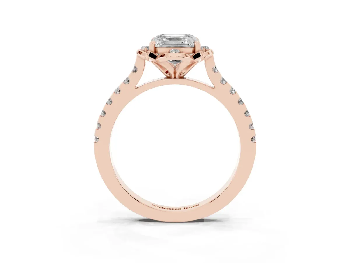 Asscher Cut Diamond Ring with Pavé Band and Floral Prong Setting Rose gold
