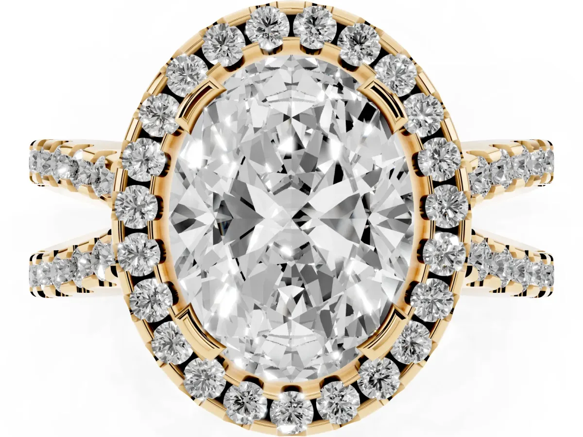 Oval Cut Diamond Halo Ring with Split Shank Pavé Band and Prong Setting Yellow gold