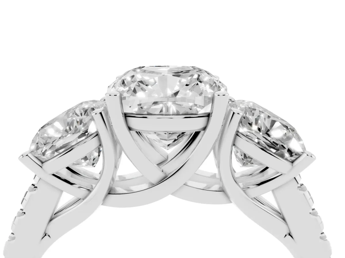 Three-Stone Cushion Cut Diamond Ring with Round Pavé Band and Prong Setting Silver