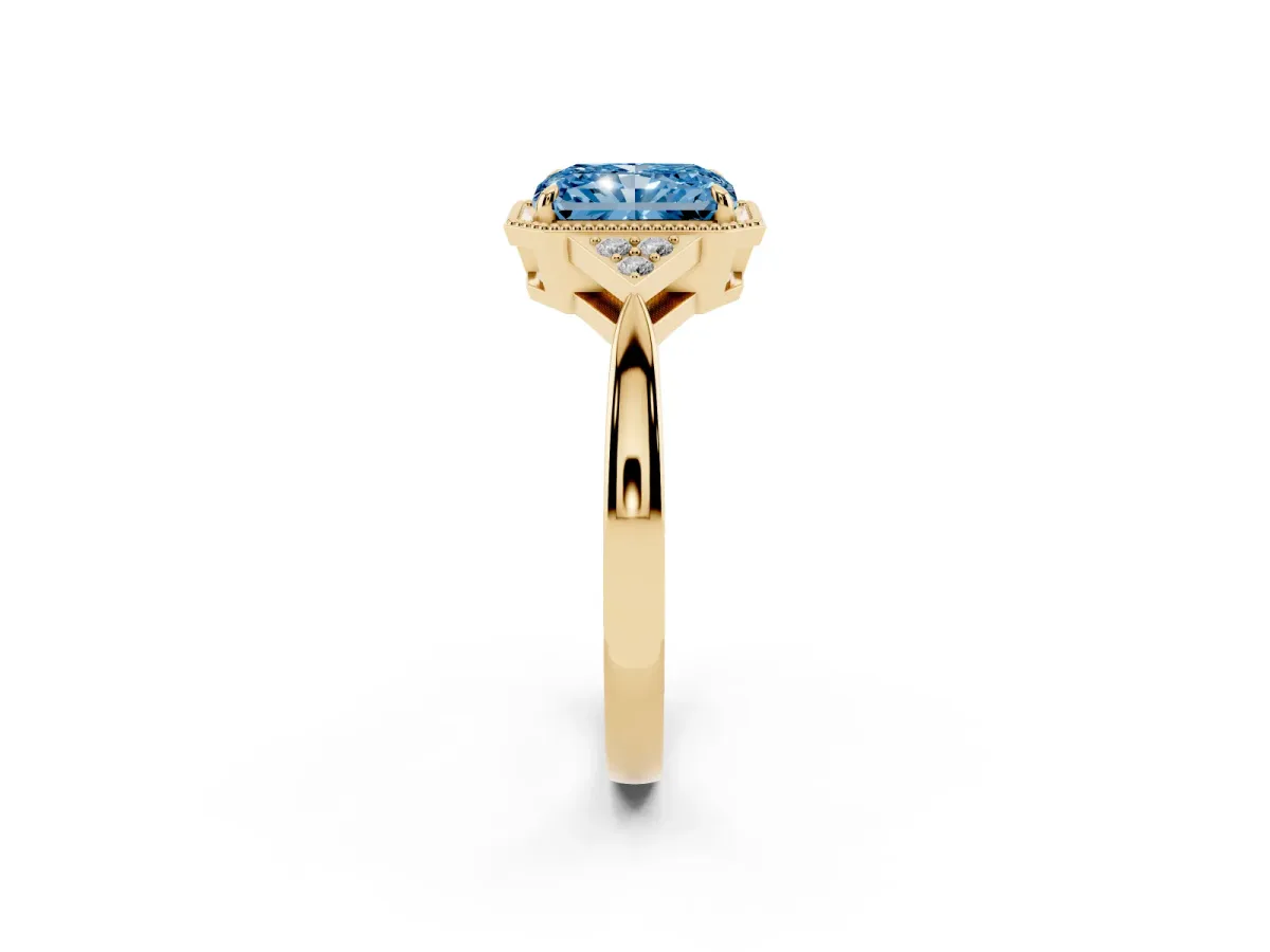Fancy Blue Hexagonal Halo Radiant Cut Diamond Solitaire with Pavé Band and Four-Prong Setting Yellow gold