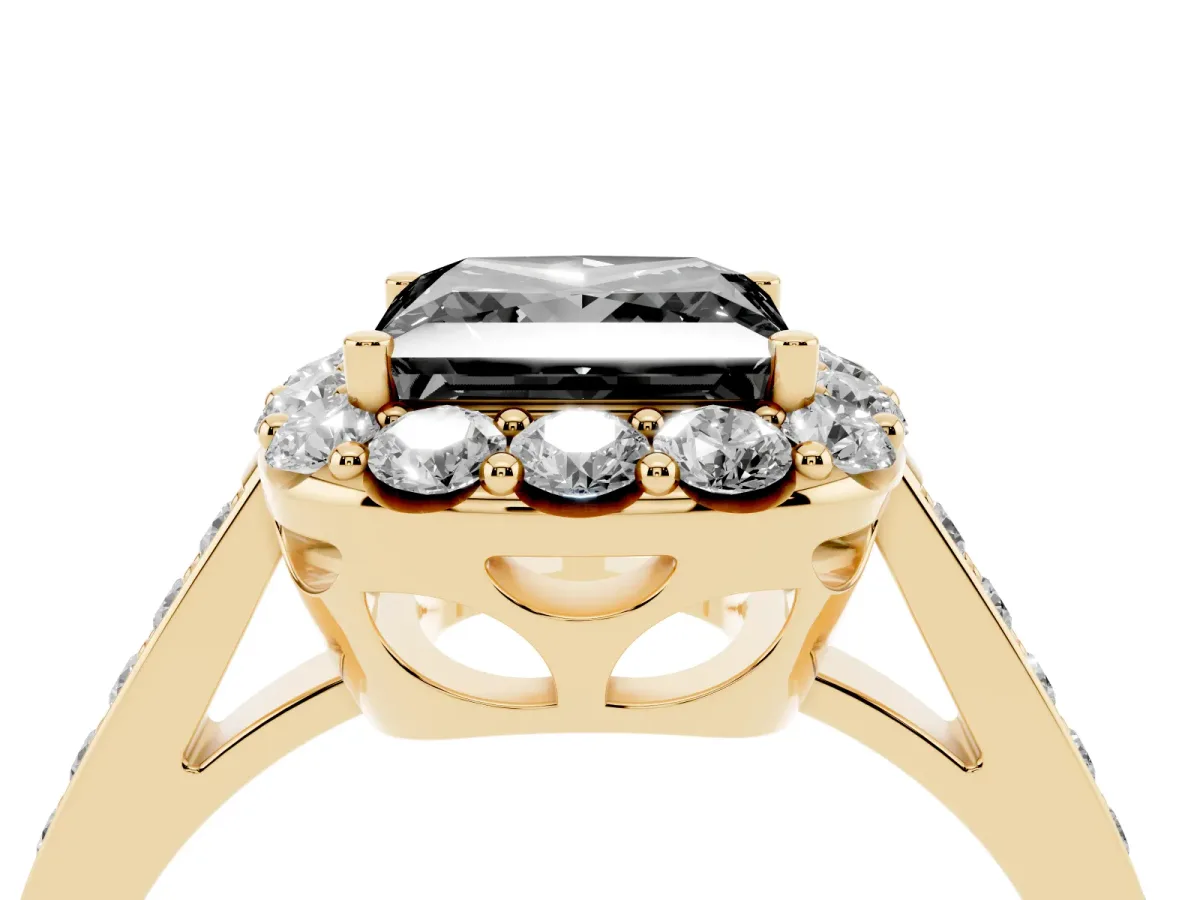 Fancy Black Princess Cut Diamond Floral Halo Ring with Pavé Band and Prong Setting Yellow gold