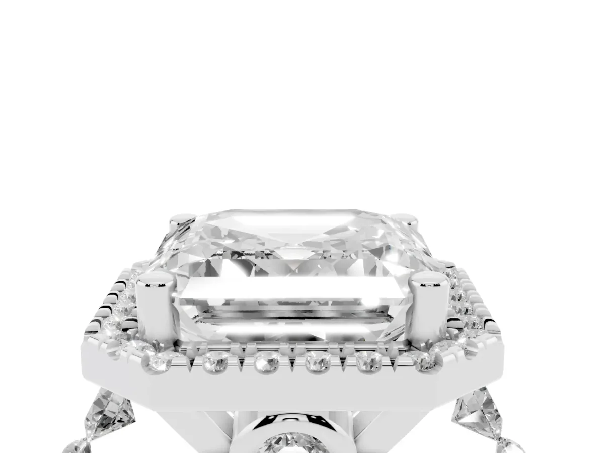 Asscher Cut Halo Pavé Diamond Engagement Ring with Four-Prong Setting Silver