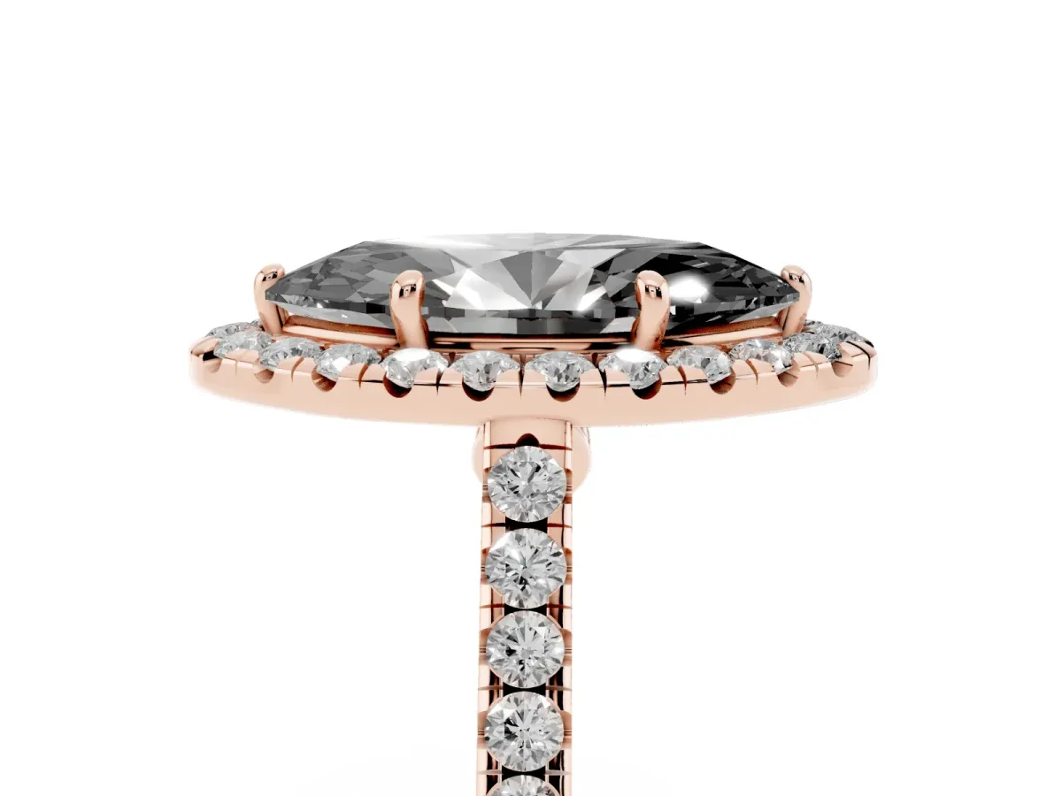Fancy Black Marquise Cut Halo Pave Diamond Engagement Ring with Four-Prong Setting Rose gold