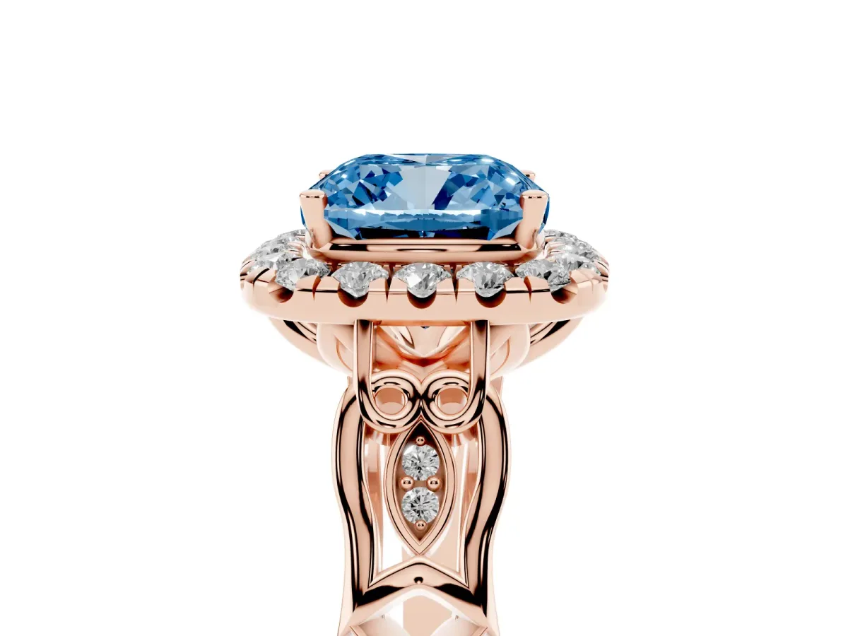 Fancy Blue Cushion Cut Halo Diamond Engagement Ring with Filigree Band and Four-Prong Setting Rose gold