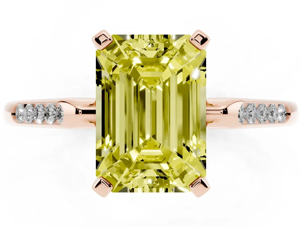 Fancy Yellow Emerald Cut Diamond Solitaire Ring with Channel Set Round Band and Prong Setting Rose gold
