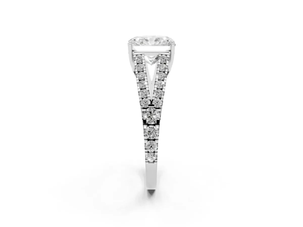 Radiant Cut Diamond Split Shank Pavé Engagement Ring with Four-Prong Setting White gold