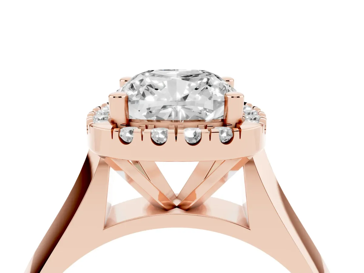Cushion Cut Cut Halo Solitaire Engagement Ring with Square Band and Four-Prong Setting Rose gold