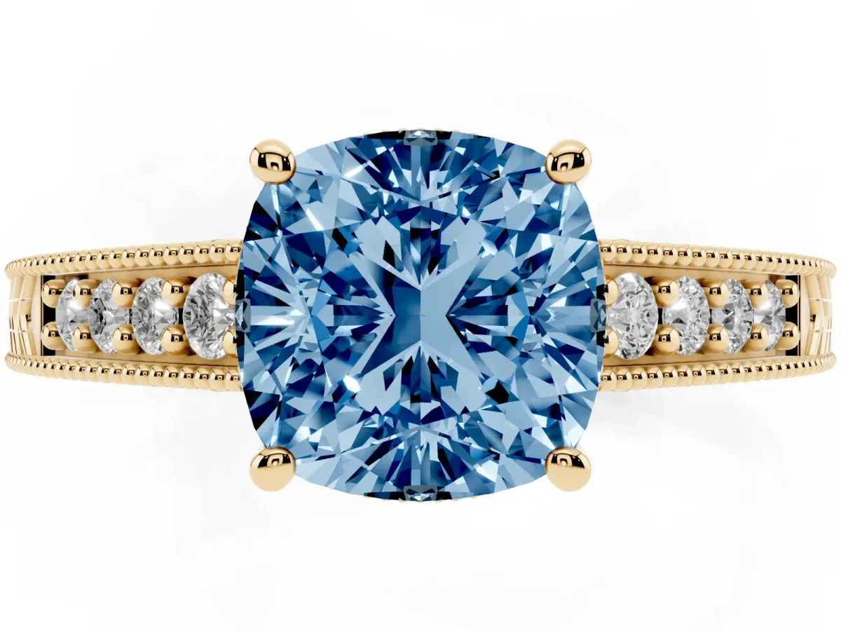 Fancy Blue Cushion Cut Solitaire Pavé Diamond Milgrain Engagement Ring with Four-Prong Setting Yellow gold