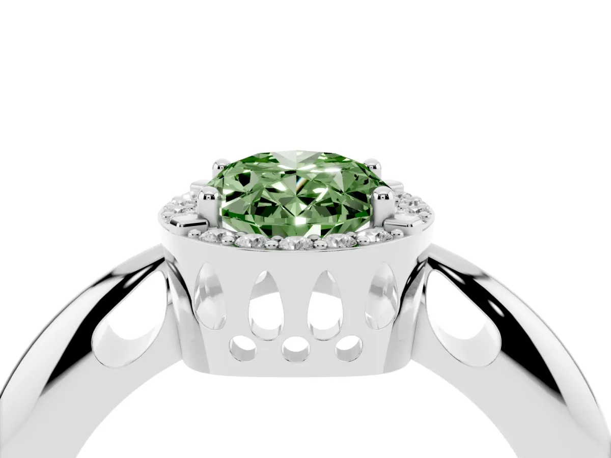 Fancy Green Oval Cut Cut Diamond Halo Engagement Ring with Split Shank and Four-Prong Setting Silver