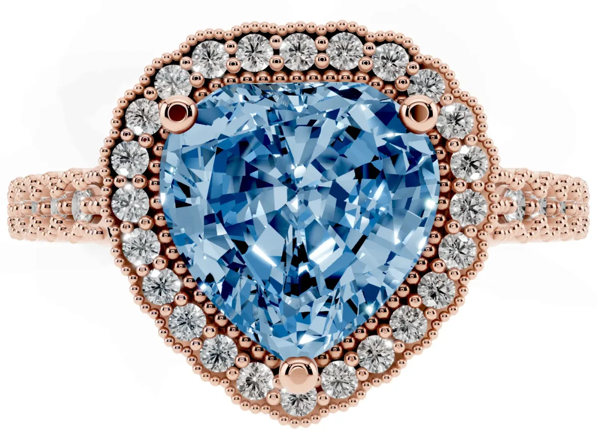 Fancy Blue Heart Cut Cut Halo Pavé Solitaire Ring with Milgrain Band Rose gold