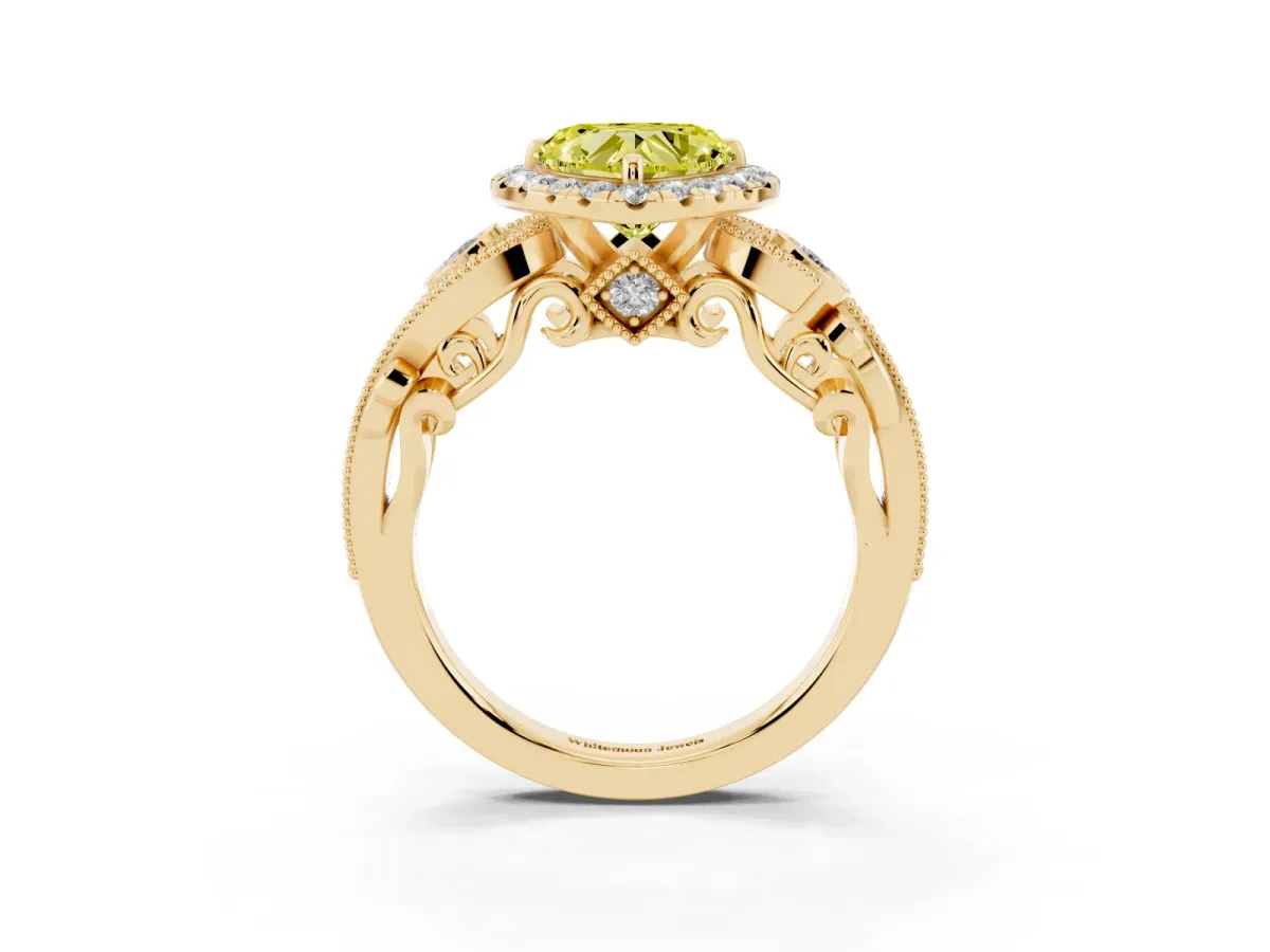 Fancy Yellow Heart Cut Diamond Halo Ring with Milgrain Pavé Band and Four-Prong Setting Yellow gold