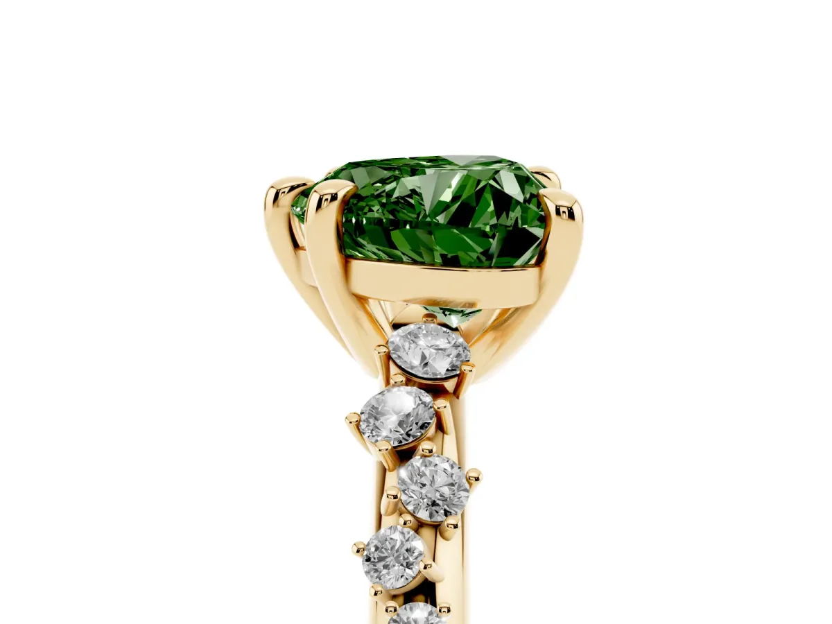 Fancy Green Heart Cut Cut Diamond Vine Band with Four-Prong Setting Yellow gold