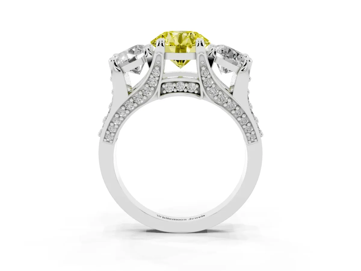 Fancy Yellow Round Cut Diamond Three-Stone Ring with Channel Set Band and Four-Prong Setting Silver