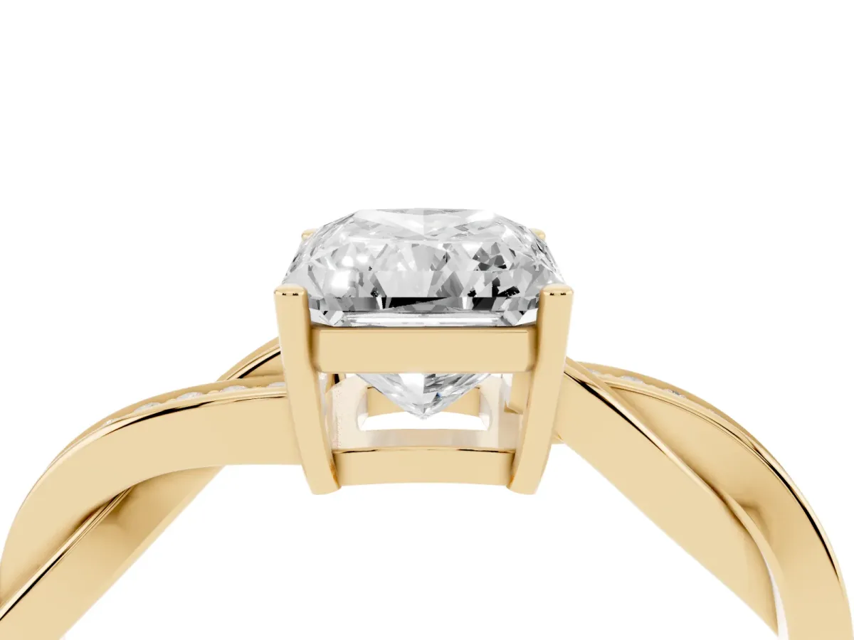 Radiant Cut Solitaire Twisted Pave Diamond Ring with Four-Prong Setting Yellow gold