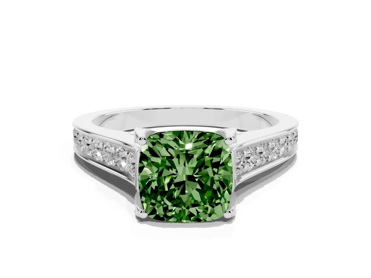Fancy Green Cushion Cut Brilliant Cut Diamond Engagement Ring with Pavé Band and Four-Prong Setting Platinum